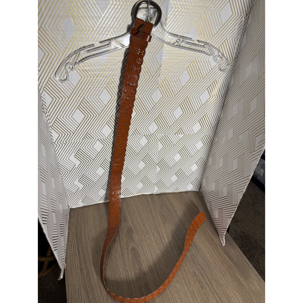 Cognac Brown Scalloped Floral Cutout Belt Silver Buckle 2XL Leather‎ Lining - Picture 2 of 12